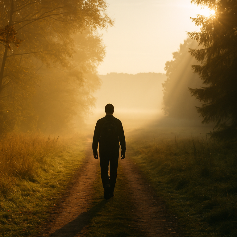 Mann geht auf einem Pfad durch nebligen Wald bei Sonnenaufgang.